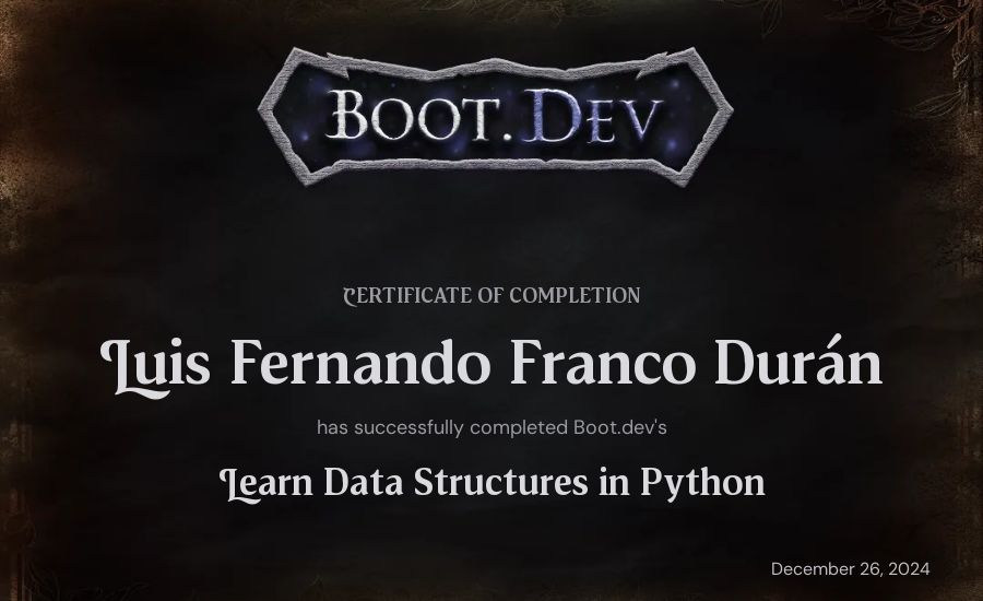 Fernando Franco's Boot.dev Learn Data Structures and Algorithms in Python certificate