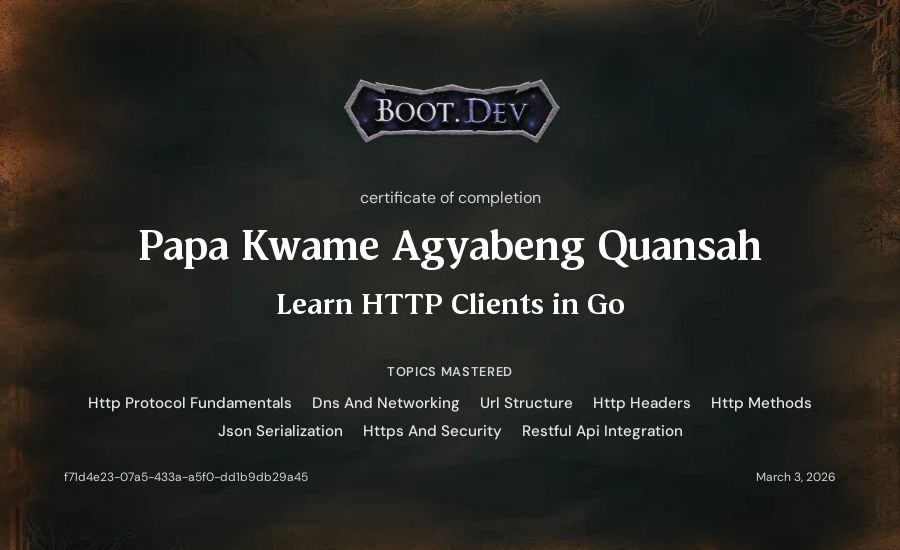 Papa Kwame Agyabeng Quansah's Boot.dev Learn HTTP Clients in Go certificate