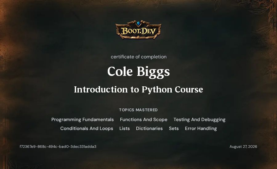 Cole Biggs's Boot.dev Introduction to Python Course certificate