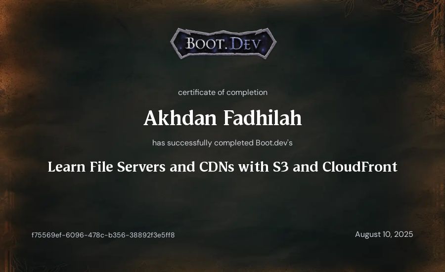 Akhdan Fadhilah's Boot.dev Learn File Servers and CDNs with S3 and CloudFront certificate