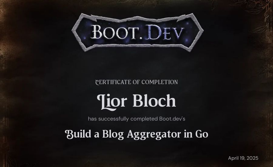 Lior Bloch's Boot.dev Build a Blog Aggregator in Go certificate