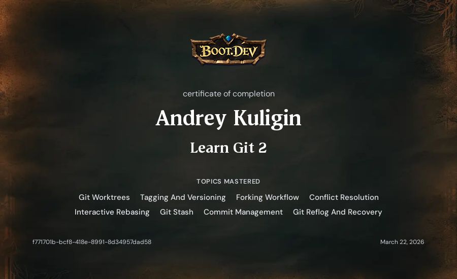 Andrey Kuligin's Boot.dev Learn Git 2 certificate