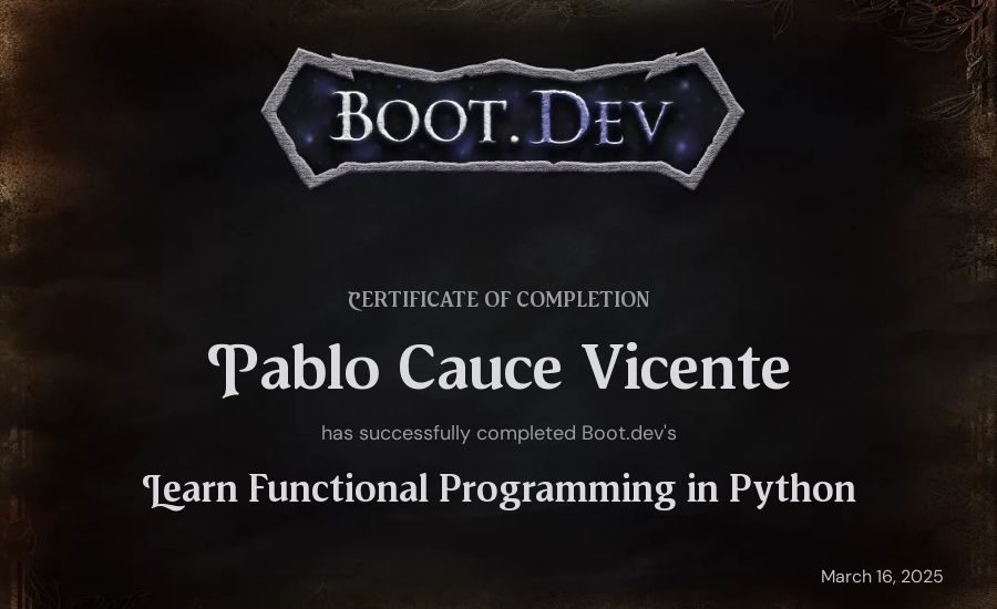 Pablo Cauce Vicente's Boot.dev Learn Functional Programming in Python certificate