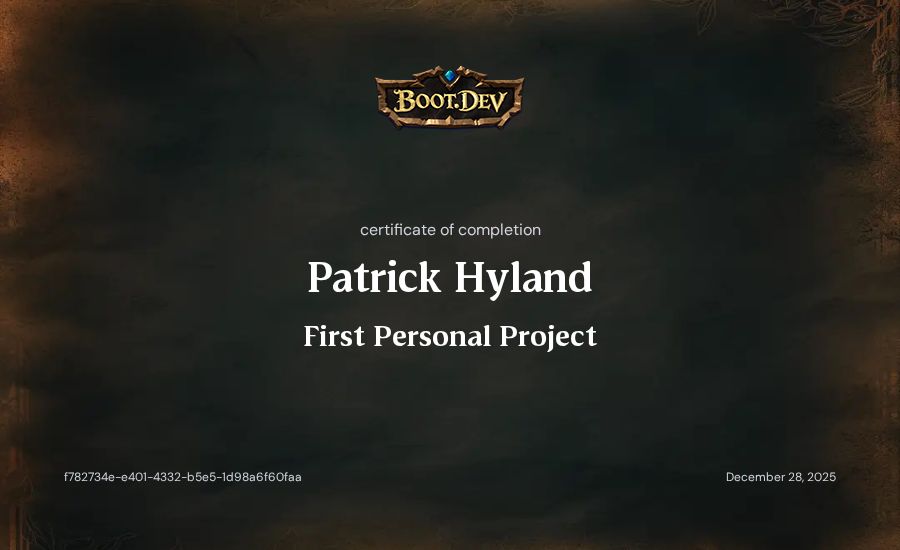 Patrick Hyland's Boot.dev First Personal Project certificate