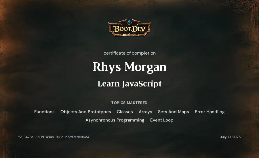 Rhys Morgan's Boot.dev Learn JavaScript certificate