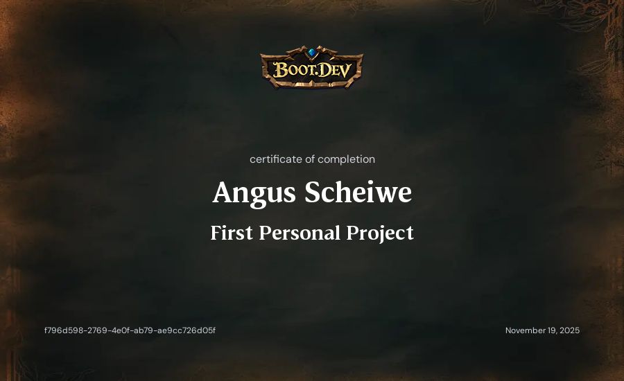 Angus Scheiwe's Boot.dev First Personal Project certificate