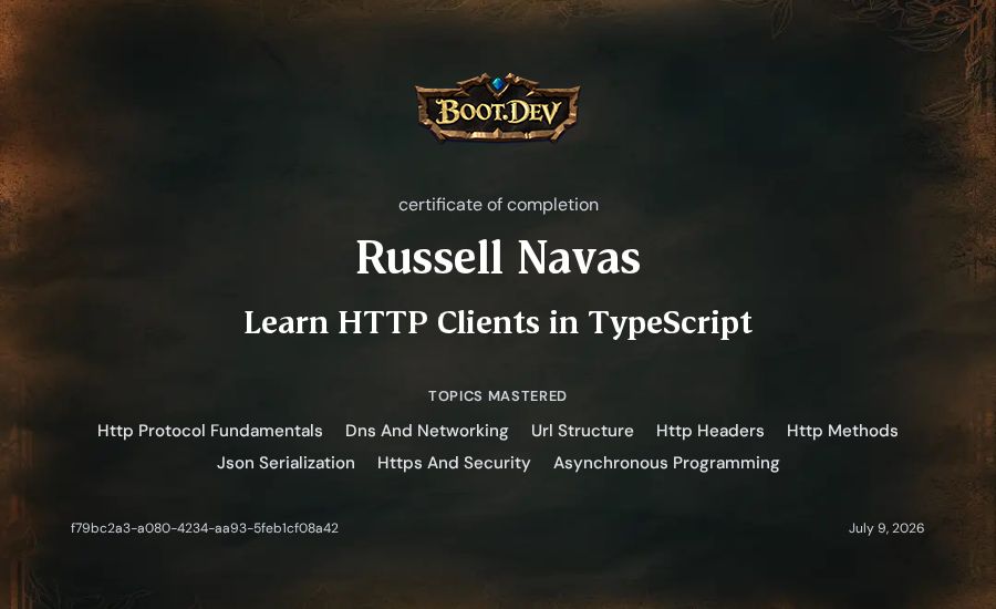 Russell Navas's Boot.dev Learn HTTP Clients in TypeScript certificate