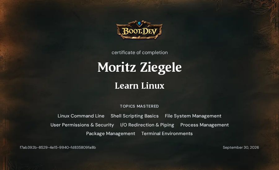 Moritz Ziegele's Boot.dev Learn Linux certificate