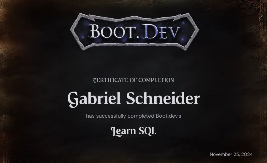 Gabriel Schneider's Boot.dev Learn SQL certificate