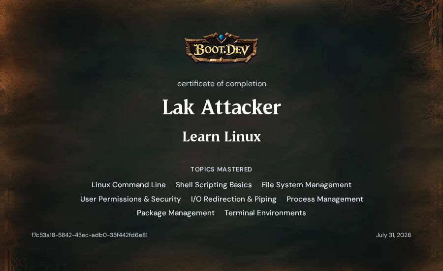 Lak Attacker's Boot.dev Learn Linux certificate