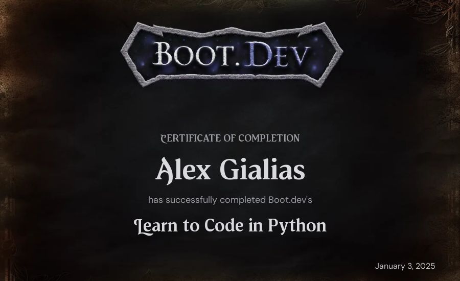 Alex Gialias's Boot.dev Introduction to Python Course certificate
