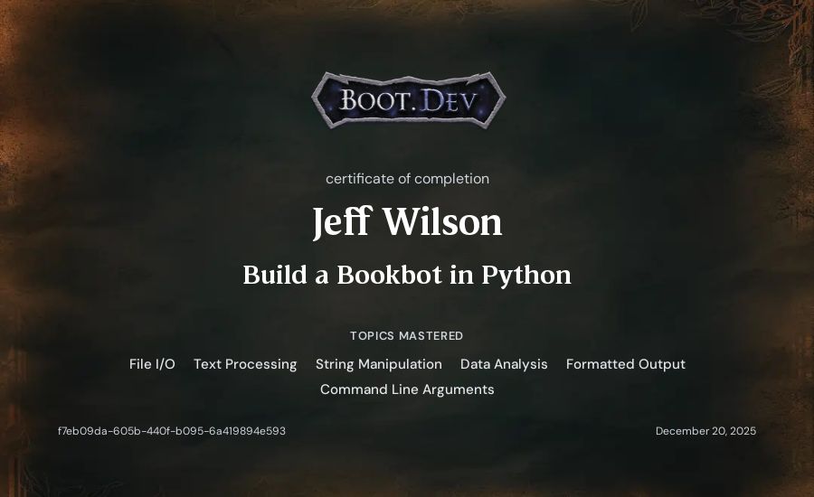 Jeff Wilson's Boot.dev Build a BookBot in Python certificate