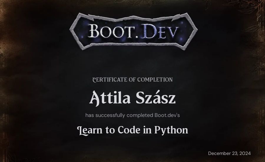 Attila Szász's Boot.dev Introduction to Python Course certificate