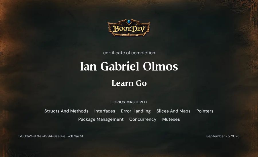 Ian Gabriel Olmos's Boot.dev Learn Go certificate