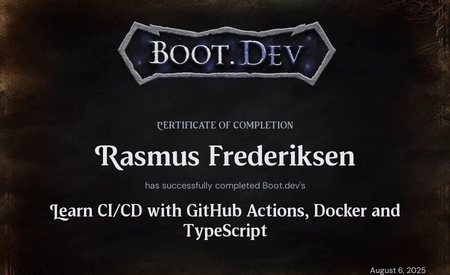 Rasmus Frederiksen's Boot.dev Learn CI/CD with GitHub Actions, Docker and TypeScript certificate