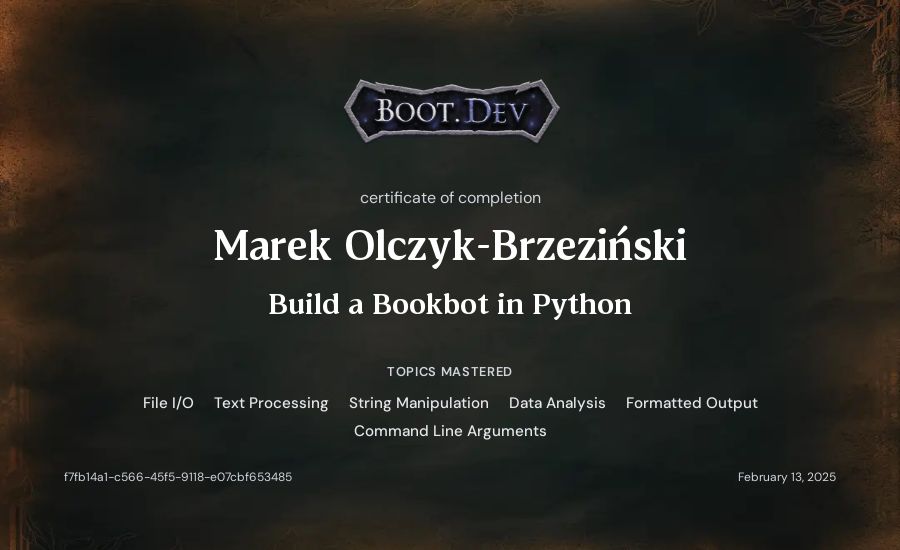 Marek Olczyk-Brzeziński's Boot.dev Build a BookBot in Python certificate