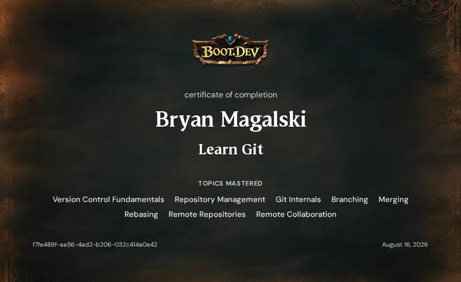 Bryan Magalski's Boot.dev Learn Git certificate