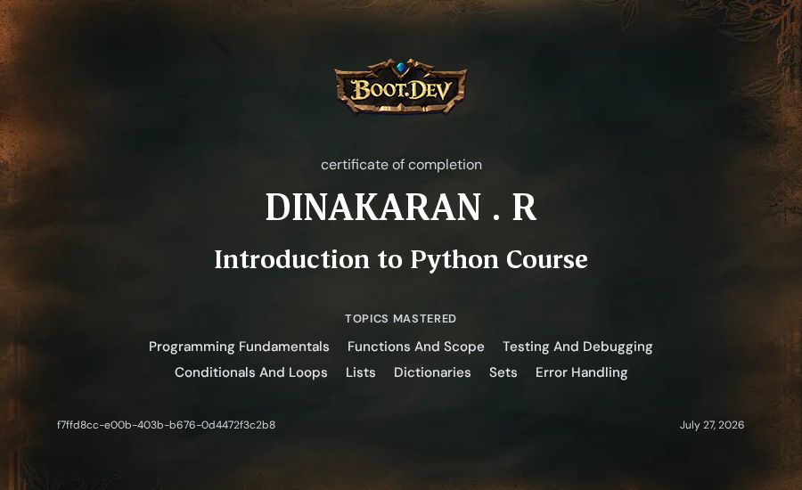 DINAKARAN . R's Boot.dev Introduction to Python Course certificate