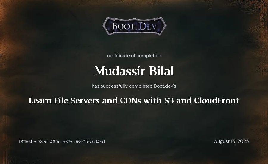 Mudassir Bilal's Boot.dev Learn File Servers and CDNs with S3 and CloudFront certificate