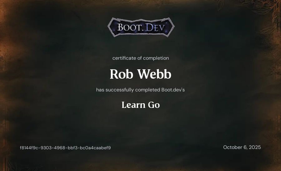 Rob Webb's Boot.dev Learn Go certificate