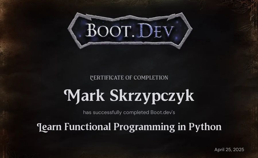 Mark Skrzypczyk's Boot.dev Learn Functional Programming in Python certificate