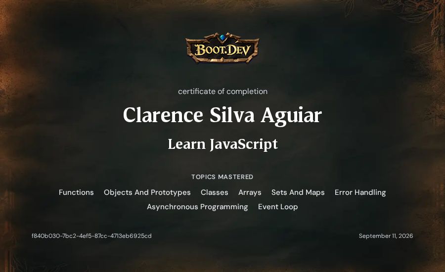 Clarence Silva Aguiar's Boot.dev Learn JavaScript certificate