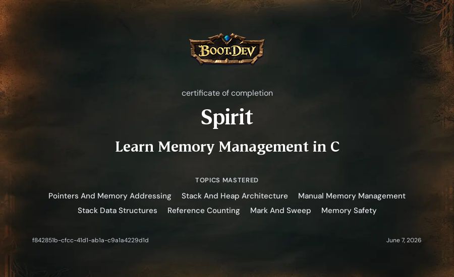 Spirit's Boot.dev Learn Memory Management in C certificate