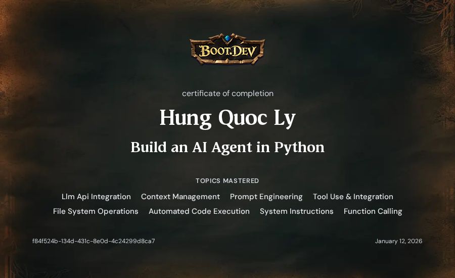 Hung Quoc Ly's Boot.dev Build an AI Agent in Python certificate