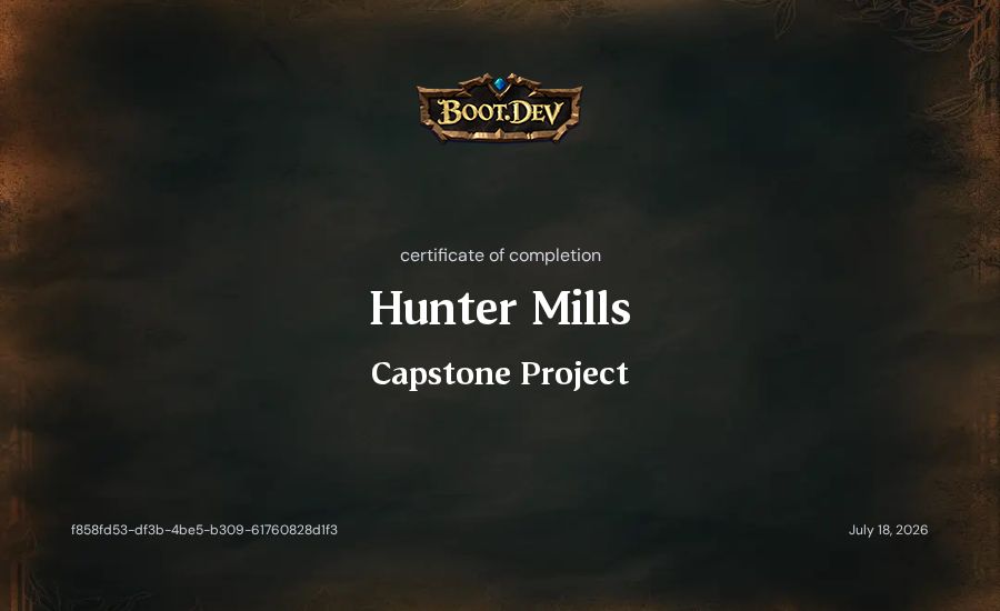 Hunter Mills's Boot.dev Capstone Project certificate