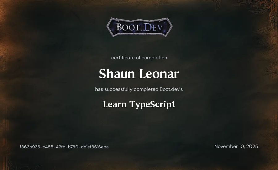 Shaun Leonar's Boot.dev Learn TypeScript certificate