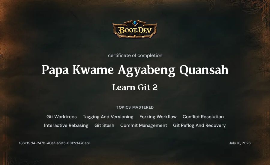 Papa Kwame Agyabeng Quansah's Boot.dev Learn Git 2 certificate