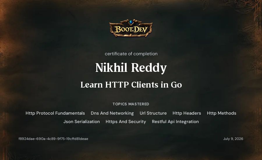 Nikhil Reddy's Boot.dev Learn HTTP Clients in Go certificate