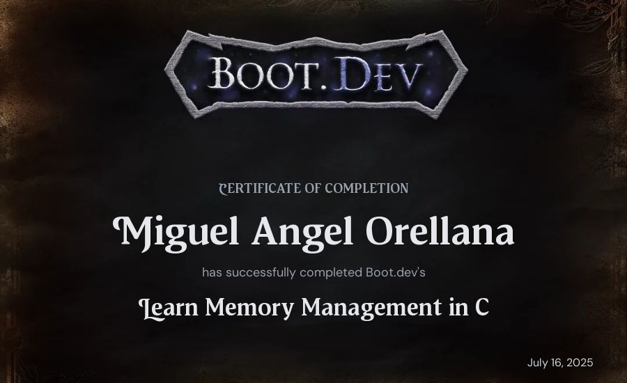 Miguel Angel Orellana's Boot.dev Learn Memory Management in C certificate