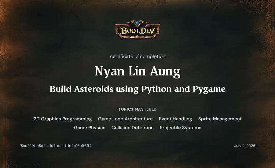 Nyan Lin Aung's Boot.dev Build Asteroids using Python and Pygame certificate