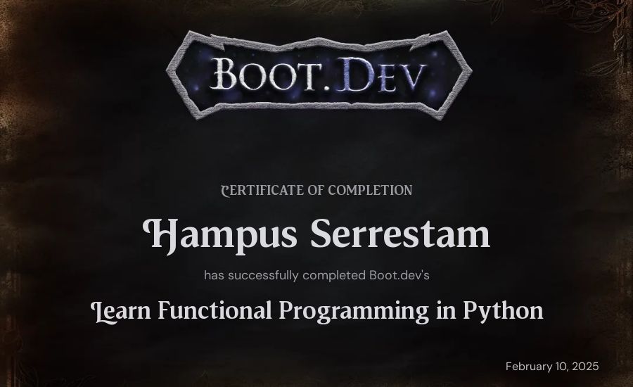 Hampus Serrestam's Boot.dev Learn Functional Programming in Python certificate