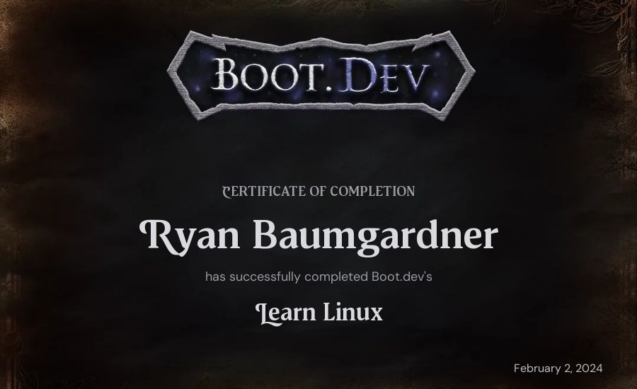 Ryan Baumgardner's Boot.dev Learn Linux certificate