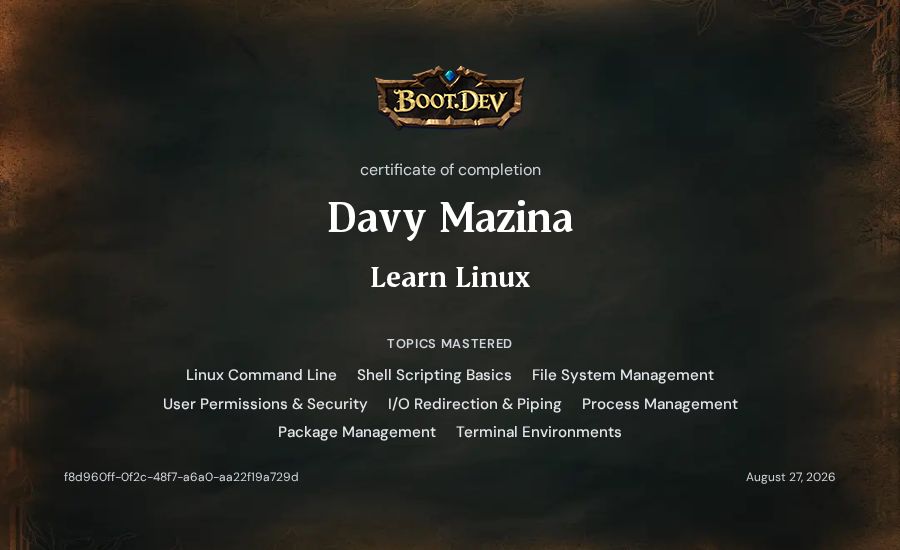 Davy Mazina's Boot.dev Learn Linux certificate