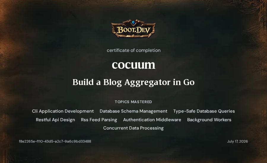 cocuum's Boot.dev Build a Blog Aggregator in Go certificate
