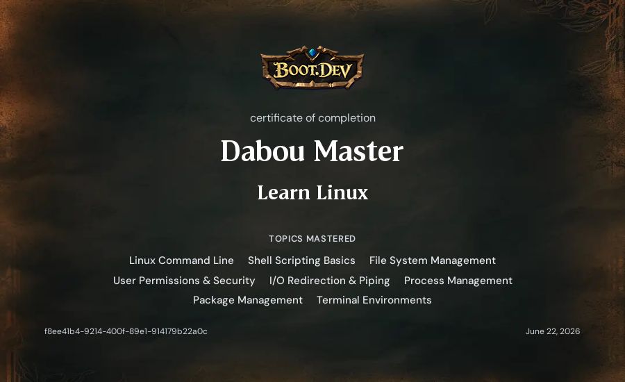 Dabou Master's Boot.dev Learn Linux certificate