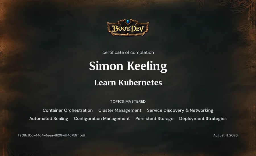 Simon Keeling's Boot.dev Learn Kubernetes certificate
