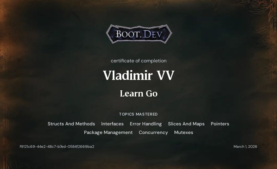 Vladimir VV's Boot.dev Learn Go certificate