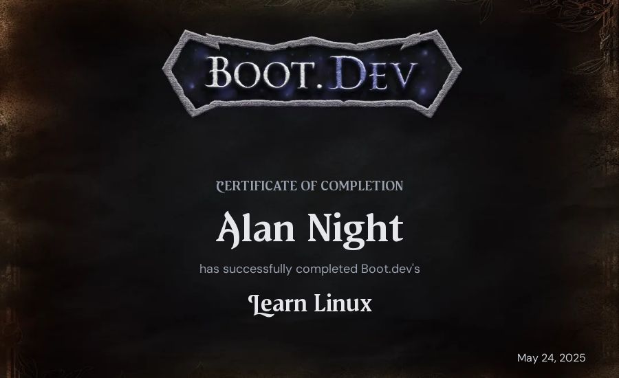 Alan Night's Boot.dev Learn Linux certificate