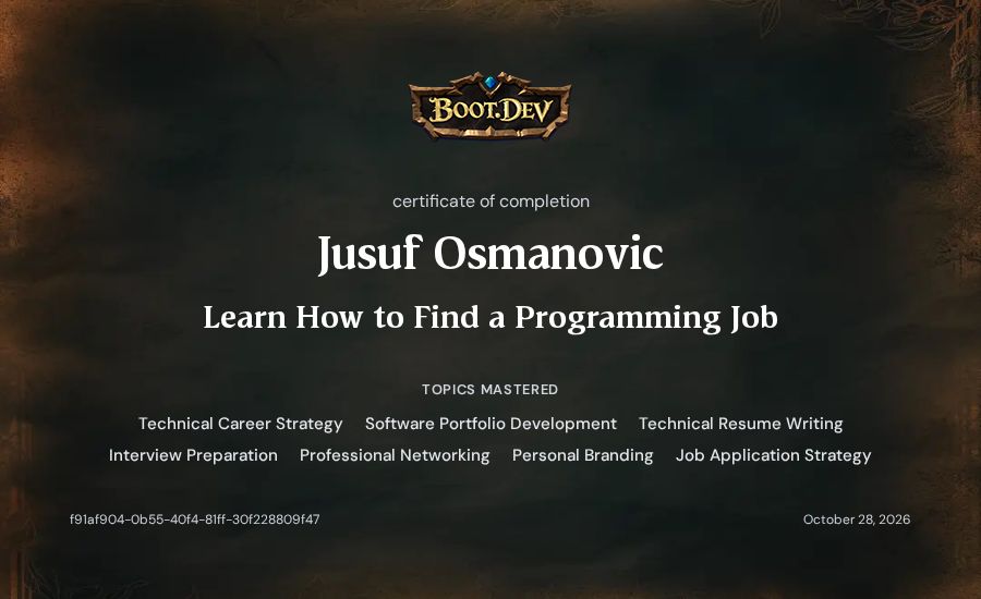 Jusuf Osmanovic's Boot.dev Learn How to Find a Programming Job certificate