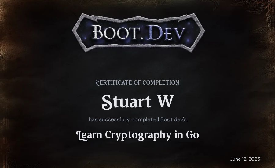 Stuart W's Boot.dev Learn Cryptography in Go certificate