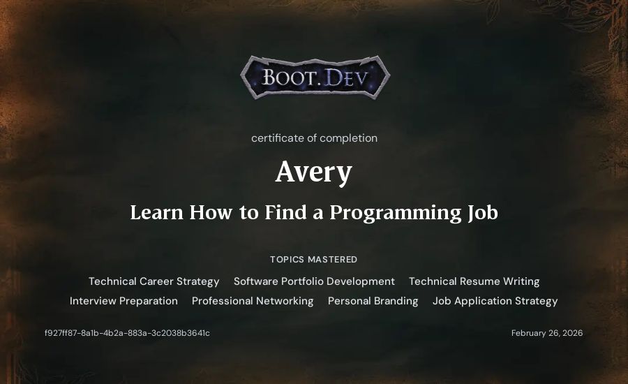 Avery's Boot.dev Learn How to Find a Programming Job certificate