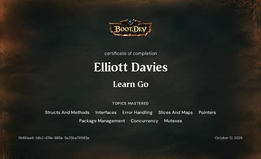 Elliott Davies's Boot.dev Learn Go certificate