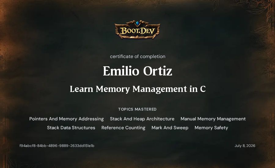 Emilio Ortiz's Boot.dev Learn Memory Management in C certificate
