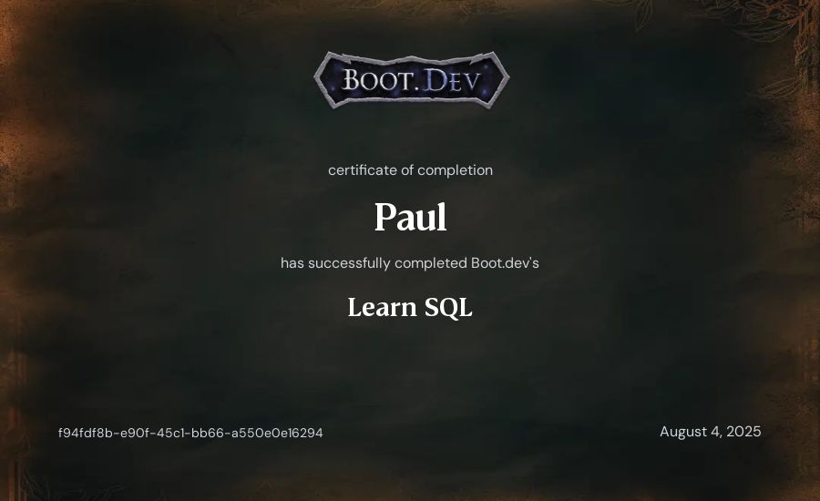 Paul's Boot.dev Learn SQL certificate