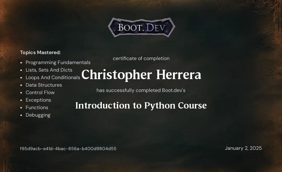 Christopher Herrera's Boot.dev Introduction to Python Course certificate