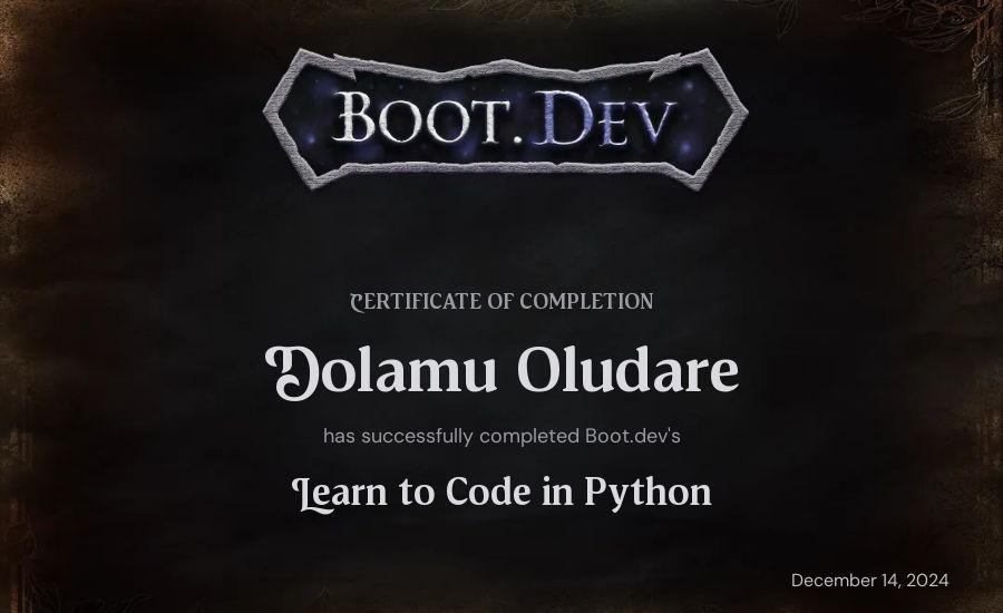 Dolamu Oludare's Boot.dev Introduction to Python Course certificate